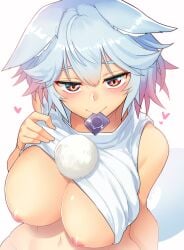 :> animal_ear_fluff animal_ears bangs bare_shoulders blush breasts clothes_lift commentary_request condom condom_in_mouth condom_wrapper female gradient_hair hair_between_eyes heart highres large_breasts lifted_by_self looking_at_viewer momiji_inubashiri mouth_hold multicolored_hair navel nipples pink_hair red_eyes seductive_smile shirt shirt_lift short_hair silver_hair simple_background sleeveless sleeveless_shirt smile solo stomach tail taketora_suzume touhou upper_body white_background wolf_ears wolf_tail