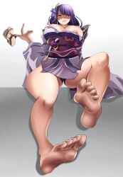 1girls blush drawau eroswau feet foot_fetish genshin_impact large_breasts purple_hair raiden_shogun solo upskirt