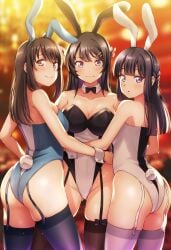 3girls ass big_breasts blush breasts bunny_ears bunny_girl bunnysuit eye_contact female female_only fully_clothed garter_straps hirokawa_uzuki long_hair looking_at_viewer makinohara_shouko mibushiro sakurajima_mai seishun_buta_yarou_wa_bunny_girl_senpai_no_yume_wo_minai standing stockings thick_thighs thighs