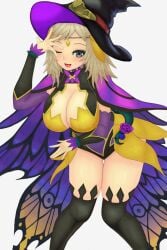 1girls ;d alternate_costume ass_visible_through_thighs bare_thighs blonde_female blonde_hair breasts cleavage fairy_wings female female_only fire_emblem fire_emblem_fates fire_emblem_heroes gesture grey_eyes large_breasts long_hair looking_at_viewer nintendo official_alternate_costume one_eye_closed open_mouth ophelia_(fire_emblem) roaamuje smile solo thick_thighs thighhighs thighs wings wink witch witch_hat