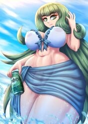 1futa areolae balls bangs beer_can big_breasts big_hips breasts can clothed clothing ember_cool flaccid futa_only futanari green_eyes green_hair human judy_(ember_cool) light-skinned_futanari light_skin long_hair low-angle_view mostly_nude nipples_visible_through_clothing partially_submerged penis see-through small_penis solo standing thick_thighs water wet wide_hips