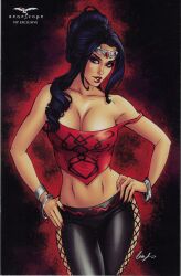 1girls big_breasts black_hair black_jeans cleavage clothed dominant_female elias_chatzoudis female female_only femme_fatale fit_female hands_on_hips large_breasts lipstick looking_at_viewer pinup red_lipstick red_shirt seductive_eyes seductive_look skimpy solo tagme tight_clothing unknown_character zenescope zenescope_entertainment