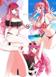 1girls :p beach big_breasts bikini black_eyes blunt_bangs breasts cleavage cocktail curvy different_poses eyewear_on_head female female_only flower_in_hair hair_ornament long_hair multiple_outfits navel one-piece_swimsuit one_piece peace_sign perona pink_hair ponytail posing saram_80 solo sunglasses sunglasses_on_head swimsuit thick_thighs tongue umbrella v v_sign