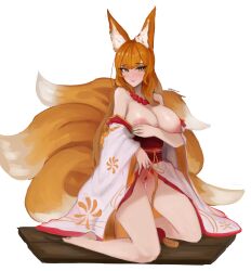 breasts corruption_of_champions corruption_of_champions_ii cute dripping_pussy female fox_ears fox_tail green_eyes horny kemonomimi kimono_lift kitsune kiyoko_(coc) large_breasts lhanamo multiple_tails orange_fur orange_hair seductive seductive_look seductive_smile solo solo_female suggestive tight_pussy vagina