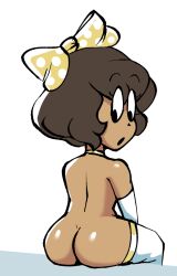 barely_clothed brunette_hair choker looking_at_ass miitopia original_character pachini party64ds sitting tan_skin white_background white_thigh_highs