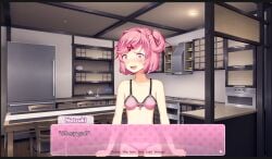 1girls a_month_with_natsuki a_womenscareme_classic blush bra ddlc_text_box doki_doki_literature_club female kitchen natsuki_(doki_doki_literature_club) open_mouth panties pink_bra pink_eyes pink_hair pink_panties solo text text_box the_bike