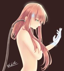 android arm_under_breasts brown_hair cord detroit:_become_human doki_doki_literature_club green_eyes looking_at_hand monika_(doki_doki_literature_club) naked nude shidothao_(artist)