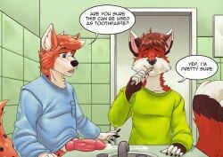 anthro bodily_fluids brush brushing brushing_teeth canid canine cookie_(cookie cum duo fox fox) genital_fluids genitals knot lorenzobrezo male male/male mammal matthew_(oop1oop2) penis toothpaste