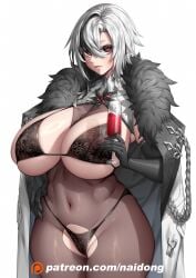 1girls 2022 arlecchino_(genshin_impact) bodystocking breasts coat coat_on_shoulders female female_only genshin_impact hand_on_hip hips huge_breasts lingerie massive_breasts naidong patreon_username thick_thighs thighs unusual_pupils white_hair wide_hips wine_glass