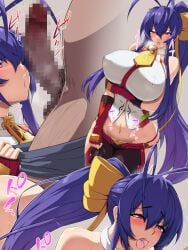 1boy 1girls ahoge arc_system_works blazblue blue_hair blush censored double_ahoge lettucerice long_hair mai_natsume penis_awe ponytail reta_su_gohan thick_thighs very_long_hair