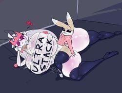 anthro big_ass big_balls big_breasts big_penis black_and_white bunny digital_media_(artwork) eyelashes eyeshadow femboy girly heart huge_breasts larger_female leofel_barraund lying male/female original_character paizuri pheromosa pink_eyes pokemon pokemon_(species) precum rabbit repomorame shiny_skin smaller_male sweat