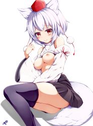 animal_ears bare_shoulders black_skirt black_thighhighs blush breasts commentary commentary_request cute detached_sleeves female hat highres looking_at_viewer medium_breasts medium_skirt momiji_inubashiri nipples pom_pom_(clothes) red_eyes ribbon-trimmed_sleeves ribbon_trim shirt short_hair silver_hair simple_background sitting skirt sleeveless sleeveless_shirt solo tail thighhighs tokin_hat touhou turtleneck uzu_uzu white_background white_shirt wide_sleeves wolf_ears wolf_tail