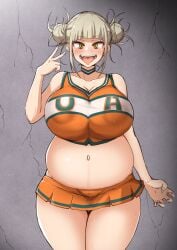 1girls absurd_res after_sex belly big_breasts blonde_hair blush breasts cheerleader cheerleader_uniform choker double_bun eye_contact female female_only highres himiko_toga huge_breasts looking_at_viewer miniskirt my_hero_academia no_text_version pregnant pregnant_milf solo standing thick_thighs thighs tongue_out u.a._cheerleader_outfit voluptuous wide_hips yamaori yellow_eyes