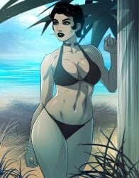 1girls batman_(series) beach bikini black_hair catwoman cleavage dc dc_comics female female_only fit_female fully_clothed green_eyes large_breasts real_selina_kyle seaside selina_kyle short_hair solo triplexmile