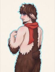 1boy blue_eyes brown_fur brown_hair faun furry_arms goatee hairy_arms horns kissamon light-skinned_male light_skin looking_over_shoulder male male_only mr._tumnus red_scarf satyr scarf short_horn short_tail small_horn small_horns solo solo_male tail the_chronicles_of_narnia