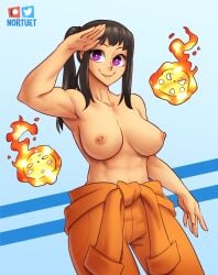 1girls big_breasts black_hair blue_background breasts cleavage enen_no_shouboutai female_focus female_only fire_force hi_res long_hair looking_at_viewer muscular muscular_female nortuet oze_maki partially_clothed ponytail pose purple_eyes simple_background smile solo watermark