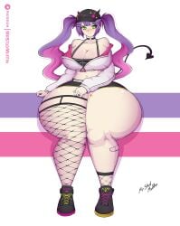 breasts holoforce hololive hololive_japan large_breasts mrstudmuffin multicolored_hair pink_hair purple_hair streetwear thick_thighs tokoyami_towa virtual_youtuber wide_hips