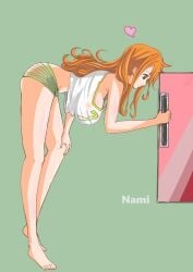 1girls artist_request bending_over big_breasts breasts curvy cute female female_only fridge heart long_hair long_legs nami one_piece orange_hair post-timeskip refrigerator short_shorts solo tank_top