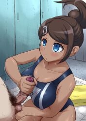 alternate_version_available asahina_aoi clothed_female_nude_male danganronpa danganronpa:_trigger_happy_havoc danganronpa_1 dark-skinned_female handjob holding_testicles interracial leonardo_16sei one-piece_swimsuit penis smooth_skin swimsuit tanned tanned_female tanned_skin testicle_grab testicles