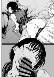 1girls 2boys age_difference ahemaru all_fours anus ass black_hair blowjob bottomless brunette censor_bar censored chainsaw_man doggy_style emotionless erection facial_scar fellatio female grabbing_from_behind greyscale half-closed_eyes henriiku_(ahemaru) larger_male licking_penis male_pov manga mmf_threesome monochrome motion_lines narrowed_eyes older_dom_younger_sub older_male older_man_and_teenage_girl older_penetrating_younger oral penis penise saliva scar school school_uniform schoolgirl size_difference skirt smaller_female spitroast teenage_girl teenager thick_thighs thighs threesome tongue tongue_out vaginal_penetration vaginal_sex veiny_penis yoru_(chainsaw_man) younger_female