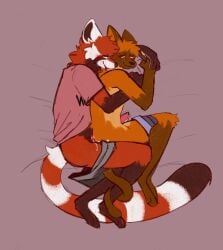 ailurid anthro bed bodily_fluids clothing cum cum_while_penetrated duo felid feline furniture furry furry_only genital_fluids hand_holding hi_res lambda_(character) male male/male mammal muttzone penetration red_panda spooning