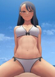 1boy 1girls bikini black_hair breasts brown_eyes clothed clothing earrings eye_contact female female_focus hayase_nagatoro long_hair looking_at_viewer naoto_hachioji_(senpai) navel please_don't_bully_me,_nagatoro pov putcher revealing_clothes sitting sitting_on_person small_breasts smile spread_legs tan tanline tanned thighs watermark