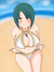 1girls alternate_costume beach bikini blush breasts cleavage days female female_only fire_emblem fire_emblem_heroes from_above green_hair large_breasts looking_at_viewer looking_up nintendo ocean official_alternate_costume outdoors sand short_hair smile solo swimsuit thorr_(fire_emblem) thorr_(summer)_(fire_emblem) white_bikini white_swimsuit yellow_eyes