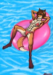 abs arms_behind_head bikini brochion commission fox fox_ears fox_tail fur furry furry_only inflatable_toy laying_on_back legs_apart legs_spread muscles muscular muscular_female orange_fur relaxing short_hair tomboy water