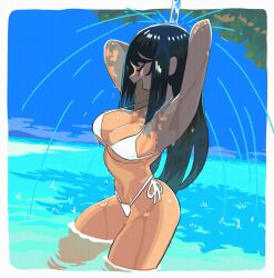 1girls animated animated arms_up ass big_breasts bikini black_hair breasts cleavage closed_eyes female female_only gashi-gashi human long_hair open_mouth original outdoors showering standing_in_water tanned tanned_female underboob water wet white_bikini