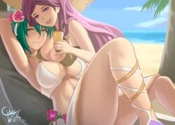 2girls alternate_costume armpits arms_behind_head bare_legs beach bikini breasts ciderwrath cleavage female female_only fire_emblem fire_emblem_heroes flower green_hair hair_flower hat large_breasts legs light-skinned_female light_skin loki_(fire_emblem) loki_(summer)_(fire_emblem) looking_at_viewer multiple_girls nintendo oceanic_dolphin official_alternate_costume open_mouth outdoors purple_eyes purple_hair sandals short_hair sitting smile sun_hat swimsuit thorr_(fire_emblem) thorr_(summer)_(fire_emblem) violet_eyes violet_hair white_bikini white_swimsuit yellow_eyes