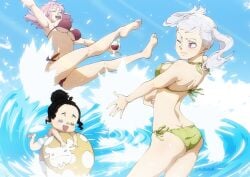 3girls ass back_view beach big_breasts bikini bikini_top black_clover black_hair breasts charmy_papittoson chibi closed_eyes color drunk feet female female_only hi_res kufuro_art legs noelle_silva one_eye_closed pink_hair purple_eyes simple_background splashing string_bikini thighs twintails underboob vanessa_enoteca water wavy_hair white_hair wine wine_glass