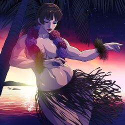 beach brown_hair fit_female flower_necklace grass_skirt hula hula_dancer large_breasts makoto_niijima persona persona_5 seaside short_hair topless triplexmile