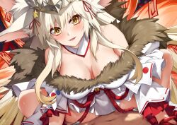 1boy animal_ear_fluff animal_ears bangs blonde_hair blush breasts extra_ears fate/grand_order fate_(series) female fox_ears fox_girl fox_tail hair_between_eyes koyanskaya_(fate) koyanskaya_(foreigner) koyanskaya_(foreigner_third_ascension) large_breasts long_hair looking_at_viewer sidelocks solo_focus tail thighs tsuki_tokage very_long_hair yellow_eyes