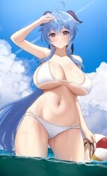 1girls big_breasts bikini blue_hair breasts busty cleavage cloud curvy ganyu_(genshin_impact) genshin_impact hi_res horn large_breasts purple_eyes sigma_2018 sky smile underboob water wet