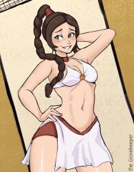 abstract_background artist_name avatar_the_last_airbender braided_ponytail choker cute female female_focus female_only fire_nation looking_to_the_side pose posing small_breasts smile smiling straight_hair swimsuit the_grovekeeper thighs ty_lee