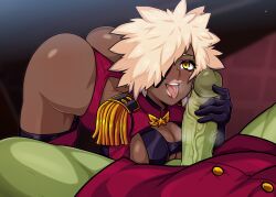 1girls afro aldharoku all_fours blonde_female blonde_hair dark-skinned_female dark_skin eyepatch fellatio female general_briggs green_skin kneeling male male/female nine orc orc_male original original_character original_characters sitting