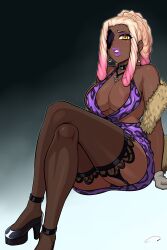 aldharoku blonde_hair dark_skin disguise eyepatch high_heels make-up nine original original_character original_characters purple_lipstick revealing_clothes skimpy skimpy_clothes solo