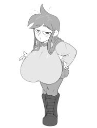 alternate_breast_size bangs boots female flirting gigantic_breasts grayscale huge_breasts large_breasts leaning_forward leggings libby_stein-torres long_hair looking_at_viewer miniskirt monochrome powergorani shortstack solo the_ghost_and_molly_mcgee white_background