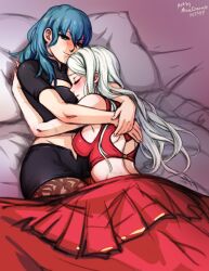 2girls artist_name artist_signature backless_outfit big_breasts blue_eyes blush bra breast_smother breasts byleth_(fire_emblem) byleth_(fire_emblem)_(female) cape cleavage cleavage_cutout closed_eyes cuddling cute dated dress edelgard_von_hresvelg female female_only fire_emblem fire_emblem:_three_houses head_on_breasts large_breasts leggings minacream mostly_clothed nintendo post-timeskip red_dress skirt sleeping teal_hair thighs watermark white_hair wholesome yuri