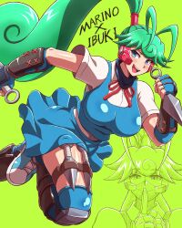 blue_eyes breasts capcom green_hair ibuki_(street_fighter) light-skinned_female light_skin looking_at_viewer marino mega_man mega_man_x noburockman robot_girl smiling smiling_at_viewer street_fighter street_fighter_iii street_fighter_iii:_3rd_strike street_fighter_iii_(series) thighs voluptuous