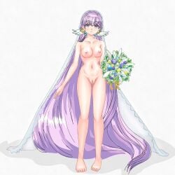 1girls absurdly_long_hair ass_visible_through_thighs bare_legs barefoot bouquet breasts bride completely_nude completely_nude_female female female_only fire_emblem fire_emblem:_the_binding_blade fire_emblem_heroes flower full_body kafujiy large_breasts legs long_hair looking_at_viewer naked_veil navel nintendo nipples nude nude_female purple_eyes purple_hair pussy see-through solo sophia_(bridal)_(fire_emblem) sophia_(fire_emblem) toned_female veil very_long_hair wedding_band wedding_veil white_background