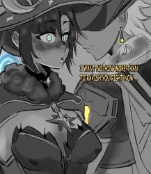 aether_(genshin_impact) assertive assertive_male blush breasts ceroccb dirty_talk english_text female genshin_impact green_eyes greyscale hi_res leotard male mona_(genshin_impact) monochrome straight sweat witch_hat