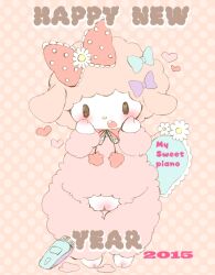 2015 accessory beady_eyes blush bovid bow_(feature) bow_accessory bow_ribbon caprine chibi chinese_zodiac cute_expression cute_eyes cute_fangs decorated_bow domestic_sheep english_text female flower flower_accessory flower_bow flower_hair_accessory frilly frilly_accessory frilly_bow fur genitals hair_accessory hair_ribbon hairbow heart hearts_around_body hearts_around_head holidays kemono kigekigahou mammal my_sweet_piano new_year onegai_my_melody pattern_bow piano-chan plant pussy ribbons sanrio shaved_pussy shaver sheep solo spotted_bow standing string_bow teeth text tied_string wool_(fur) year_of_the_goat