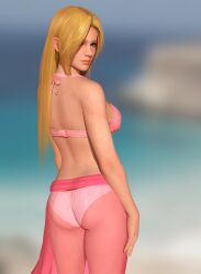 1girls 3d 3d_(artwork) ass beach bikini blonde_hair blue_eyes blurry_background dead_or_alive dead_or_alive_5 female female_only helena_douglas highres looking_at_viewer looking_back ocean pink_bikini radianteld solo summer swimsuit water