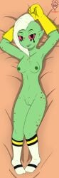 1girls alien alien_girl bed boobs breasts dakimakura dakimakura_design female female_only gloves green_nipples green_skin lord_dominator medium_breasts nipples pecs pussy red_sclera shaved_pussy socks solo solo_female thevgbear tits vagina wander_over_yonder white_hair