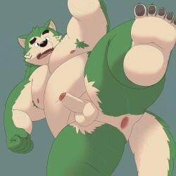 2022 absurd_res anthro anus armpit_hair belly big_belly black_nose body_hair canid canine canis domestic_dog fingering genitals green_body hi_res humanoid_genitalia humanoid_hands humanoid_penis k_gutless kemono lifewonders live-a-hero male mammal mokdai moobs nipples overweight overweight_male penis solo_focus video_games