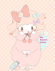 2015 accessory beady_eyes blush bovid bow_(feature) bow_accessory bow_ribbon caprine chibi cute_expression cute_eyes cute_fangs decorated_bow domestic_sheep english_text female flower flower_accessory flower_bow flower_hair_accessory frilly frilly_accessory frilly_bow fur genitals hair_accessory hair_ribbon hairbow heart hearts_around_body hearts_around_head kemono kigekigahou mammal my_sweet_piano onegai_my_melody pattern_bow piano-chan plant pussy ribbons sanrio shaved_pussy shaver sheep solo spotted_bow standing string_bow teeth text tied_string wool_(fur)