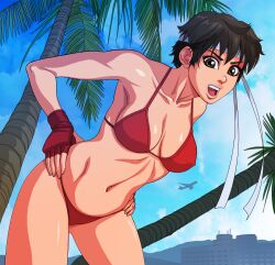 1girls beach bikini black_hair brown_eyes capcom fingerless_gloves fit_female headband large_breasts palm_tree sakura_kasugano short_hair street_fighter triplexmile