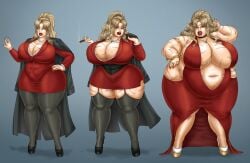 1girls ass_expansion balalaika bbw before_and_after black_lagoon blonde_hair breast_expansion cocktail_dress garter_straps hi_res highres hyper_bimbo obese obese_female saturnxart scar sequence solo solo_female thick_thighs transformation transformation_sequence weight_gain wide_hips