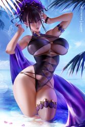 1girls 2022 breasts fate/grand_order fate_(series) female female_only highleg_swimsuit hips huge_breasts murasaki_shikibu_(fate) murasaki_shikibu_(swimsuit_rider)_(fate) naughty_face olchas one-piece_swimsuit ponytail purple_eyes purple_hair slim_waist suggestive_look swimsuit thick_lips thick_thighs thighs tied_hair wide_hips